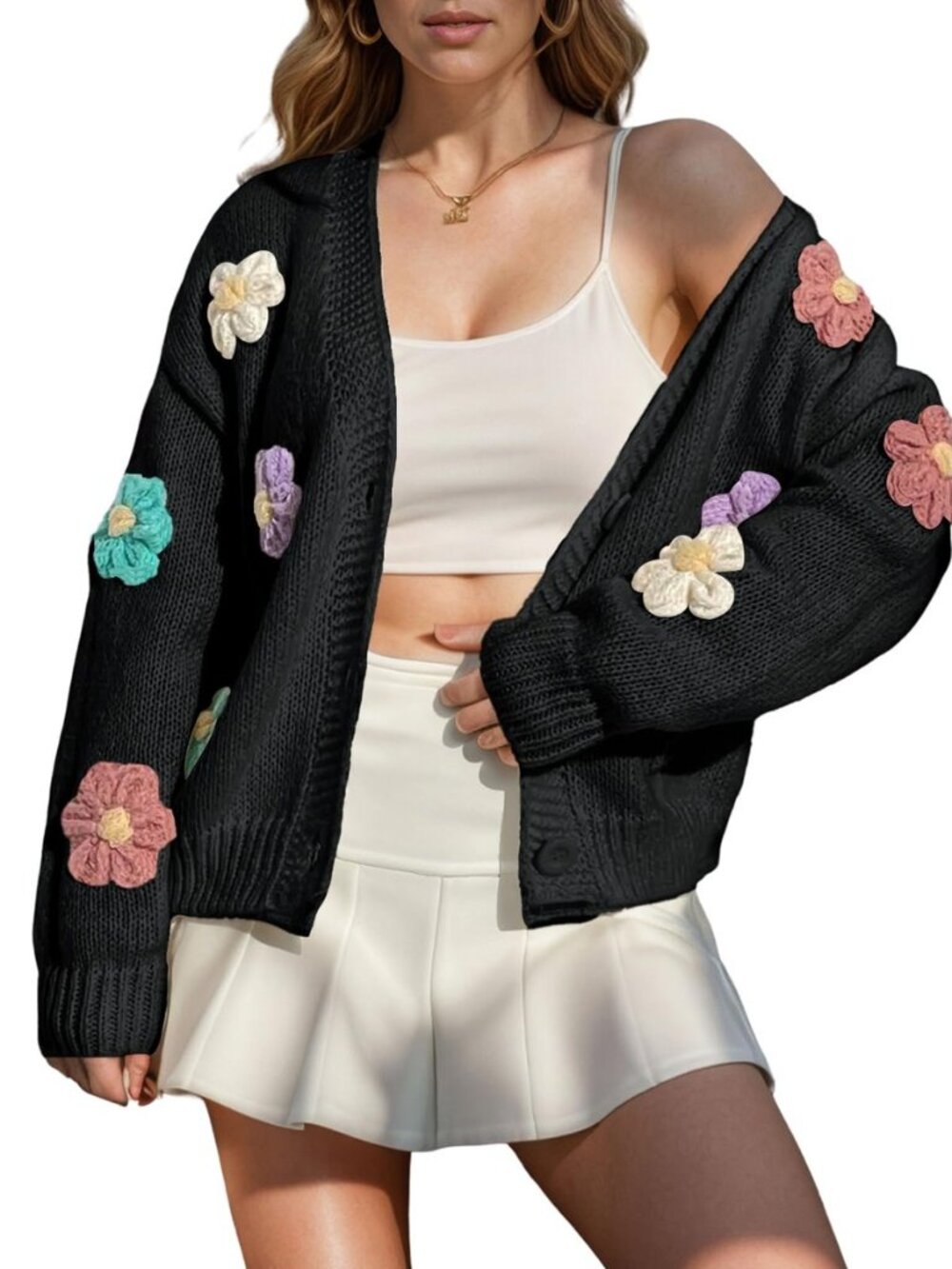 Women's Ribbed Knit Cardigans Embroidery Aesthetic Pretty Flowers Applique